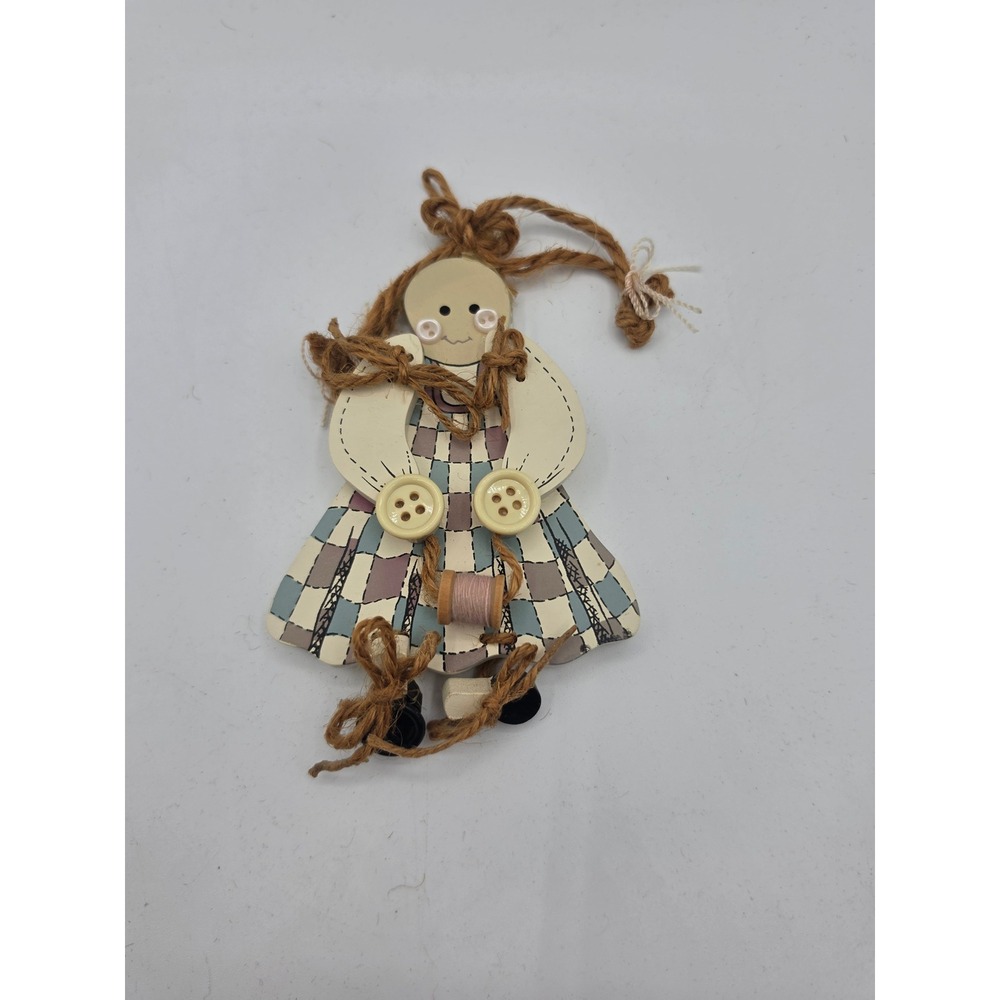 Primitive Wooden Rag Doll Ornament Patchwork Dress Sewing Spool Jute Hair 5.5in